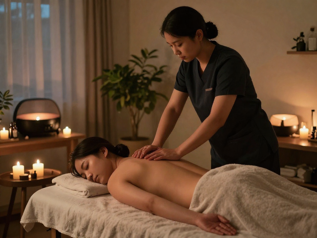 Massage session showcasing 구리출장마사지 in a serene home environment with calming elements.