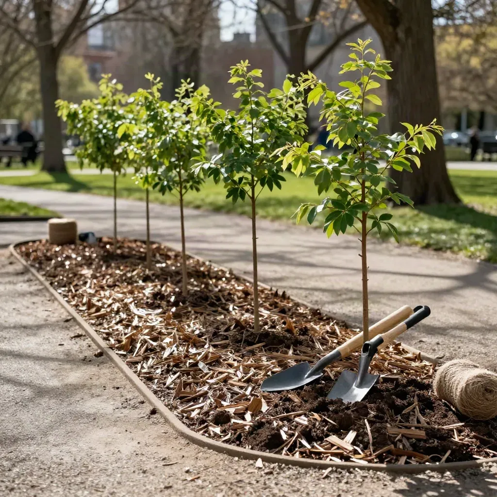 Freshly planted native trees in a Portland park bed with mulch rings and spades nearby.