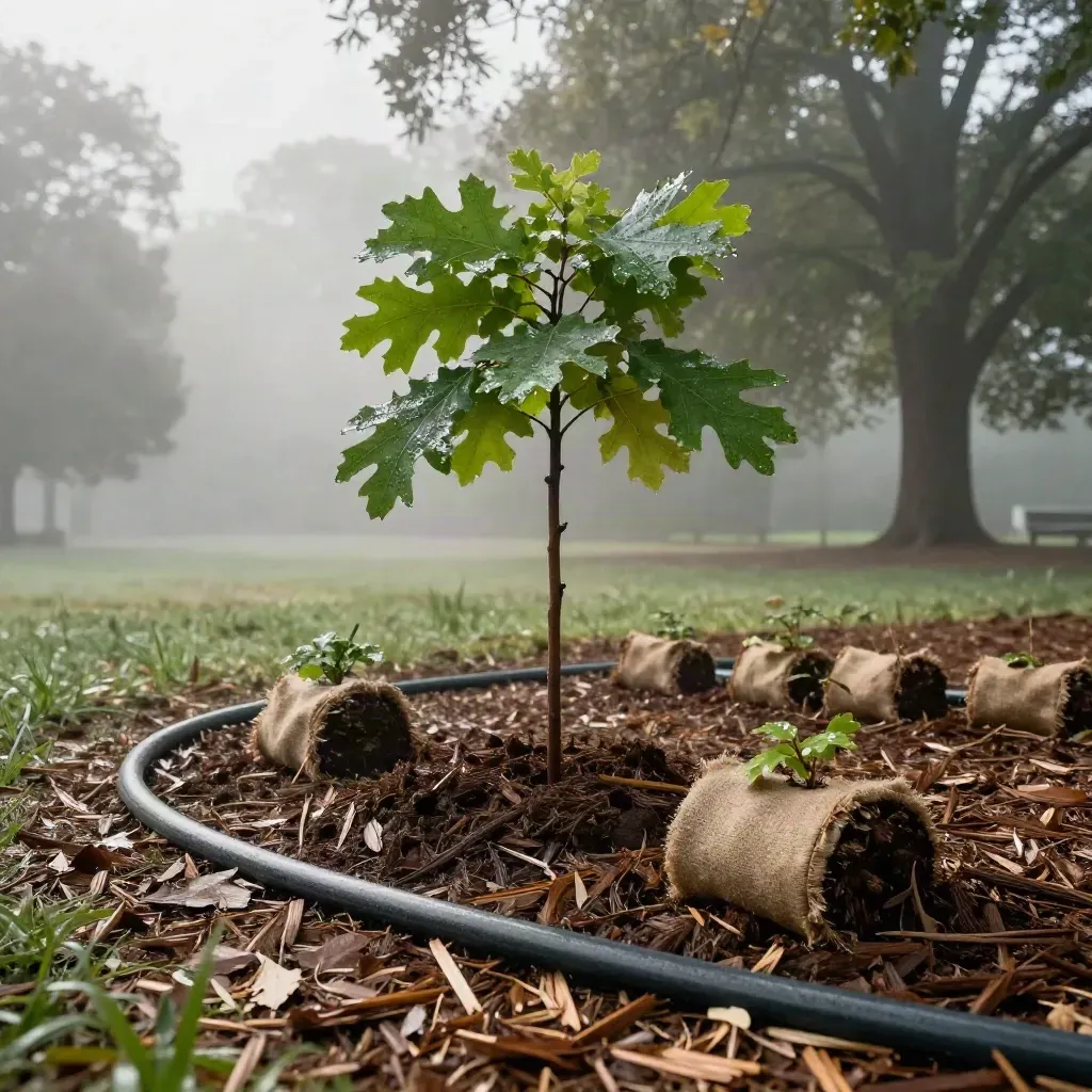 Native oak sapling with mulch ring, stacked saplings and soaker hose in misty dawn park light.