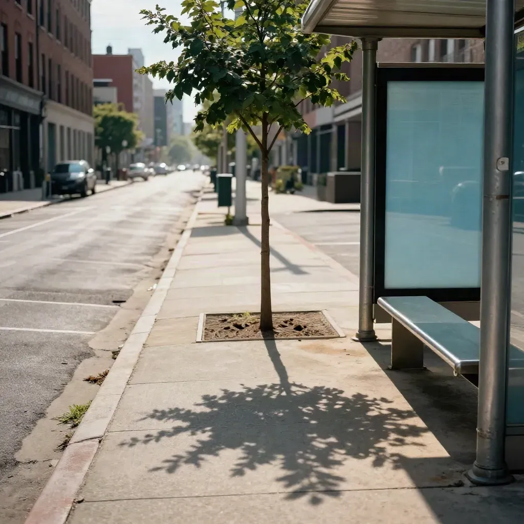 Young street tree casting shade by a bus stop on a hot city sidewalk.