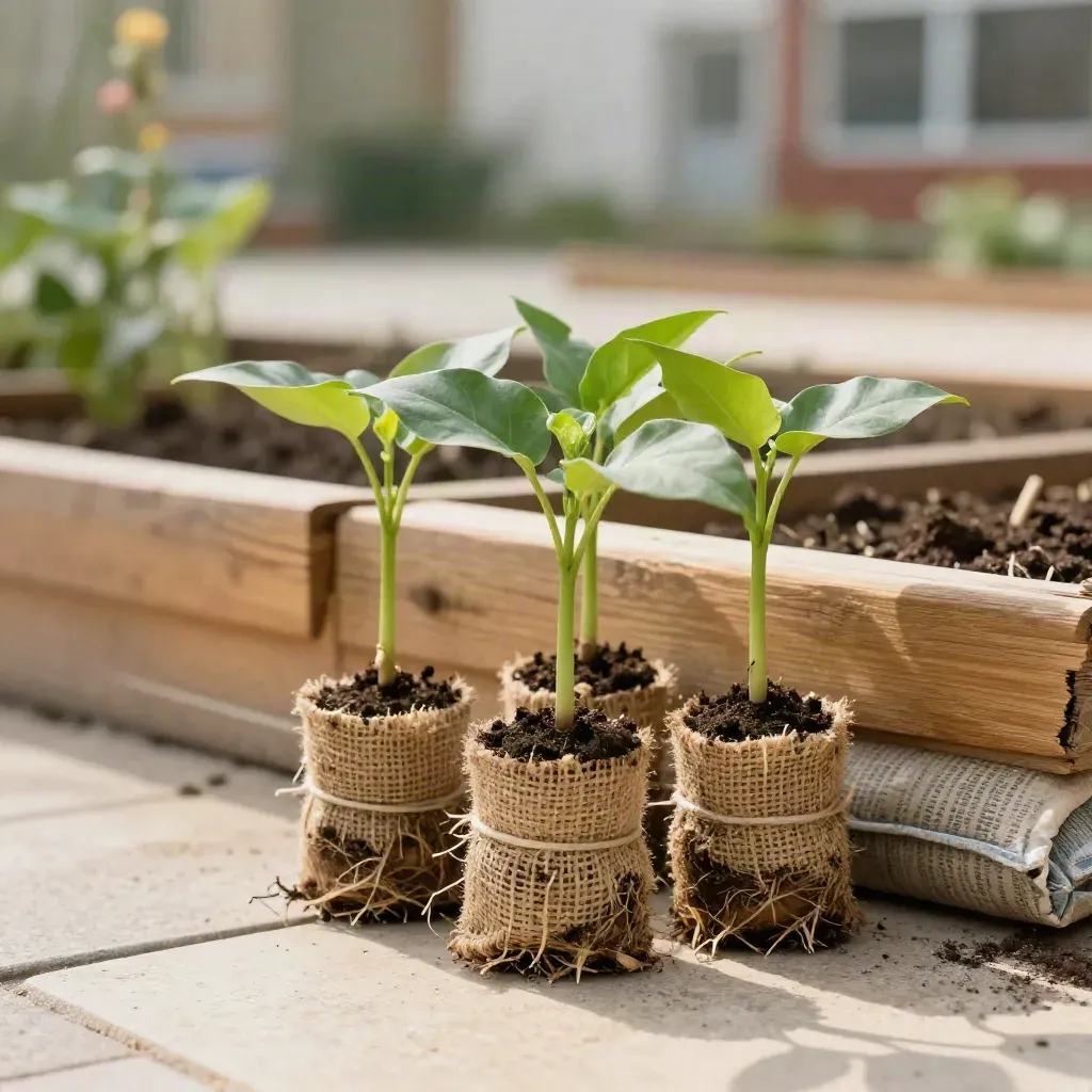Bundled native saplings beside raised garden beds in a sunny school courtyard