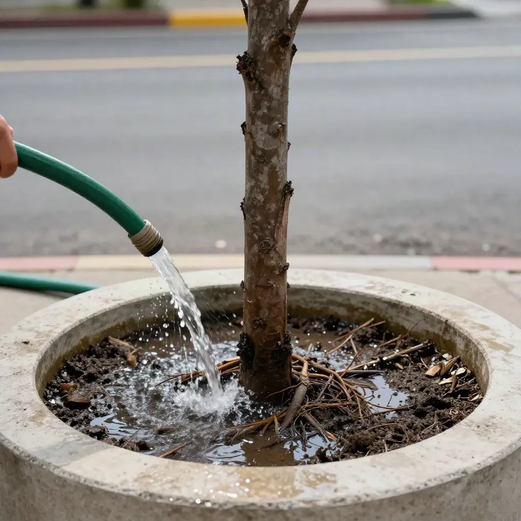 Street tree being watered, soil darkening in a curbside basin