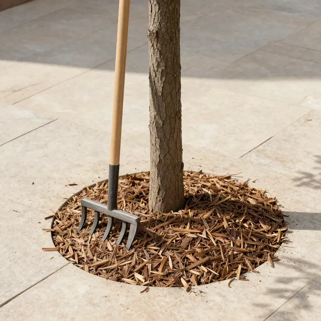 Overhead view of a young tree trunk in a neat mulch ring on pale stone paving.