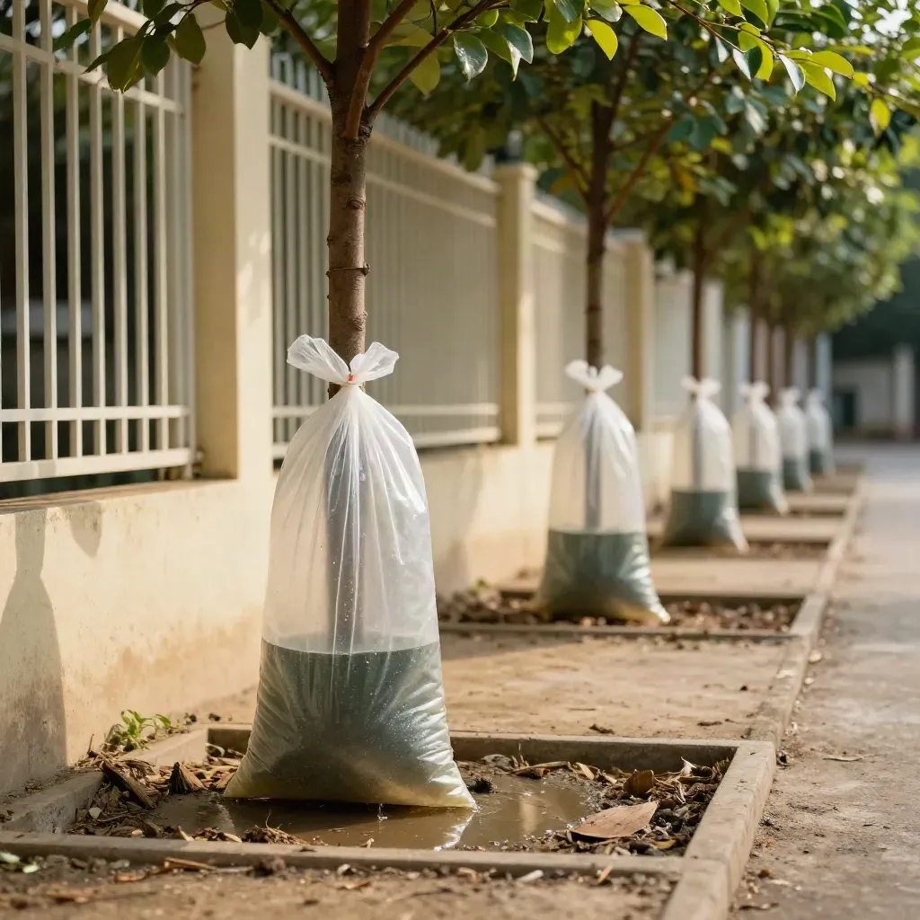 Young street trees with watering bags along a schoolyard fence in warm summer light.