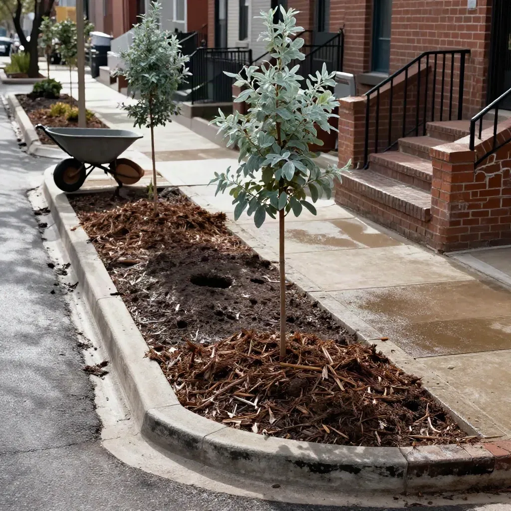 Wet neighborhood block with saplings, mulch rings and a wheelbarrow at a curb corner.