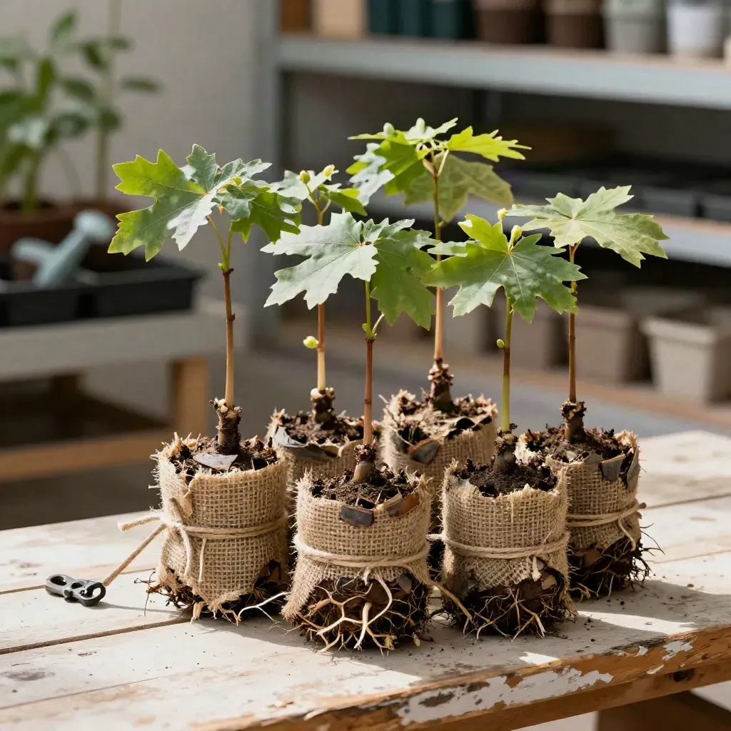 Oak, maple, and dogwood saplings wrapped in damp burlap on a potting bench.