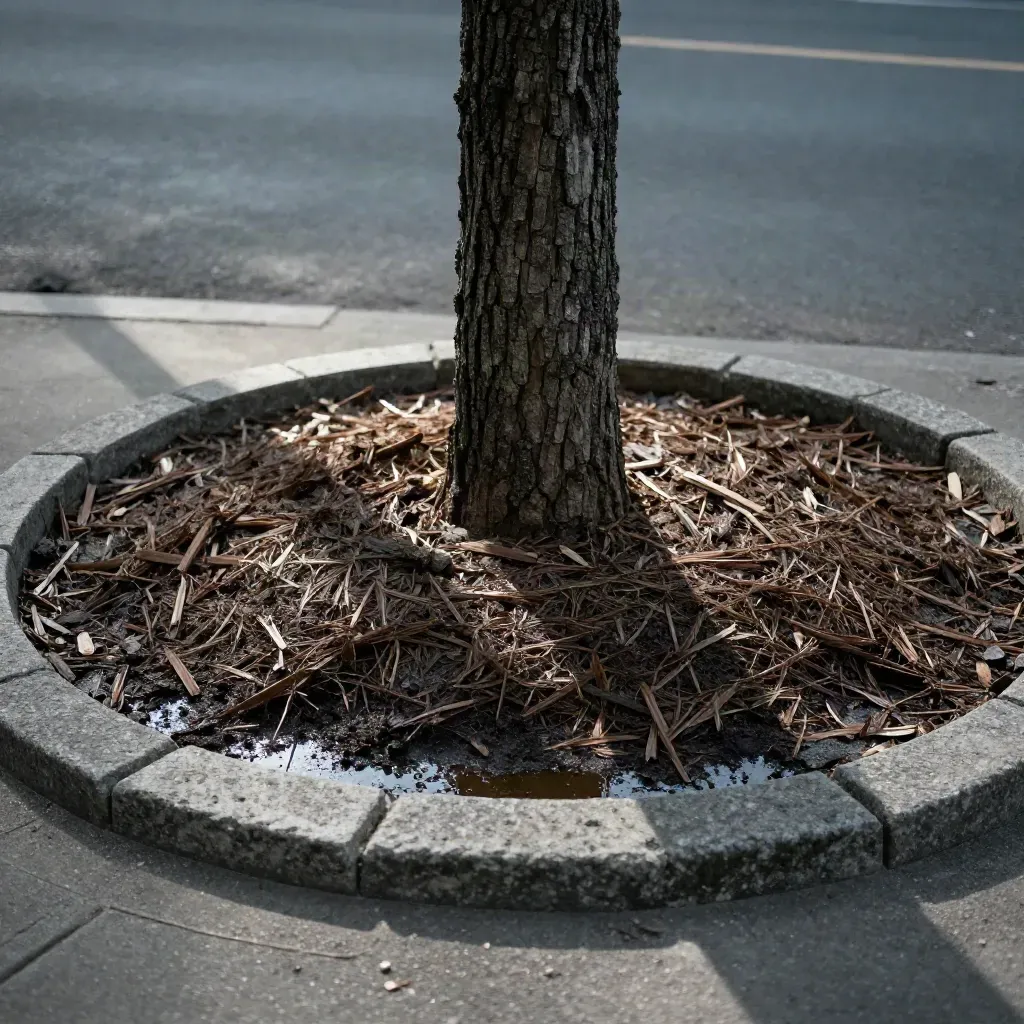Mulch ring around a street tree beside stone curbs and a damp irrigation basin.