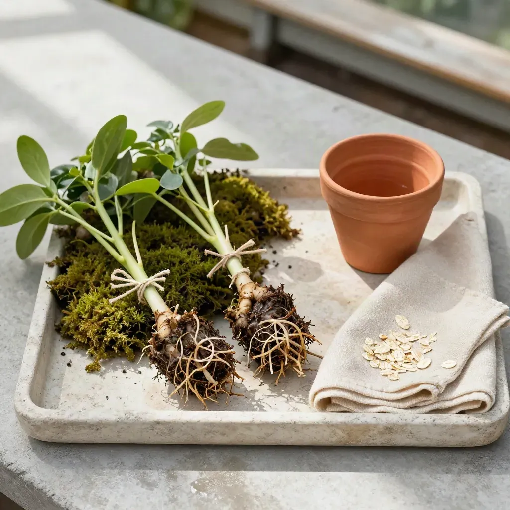 Bare-root school saplings wrapped in moss with a terracotta pot and linen on a stone tray.