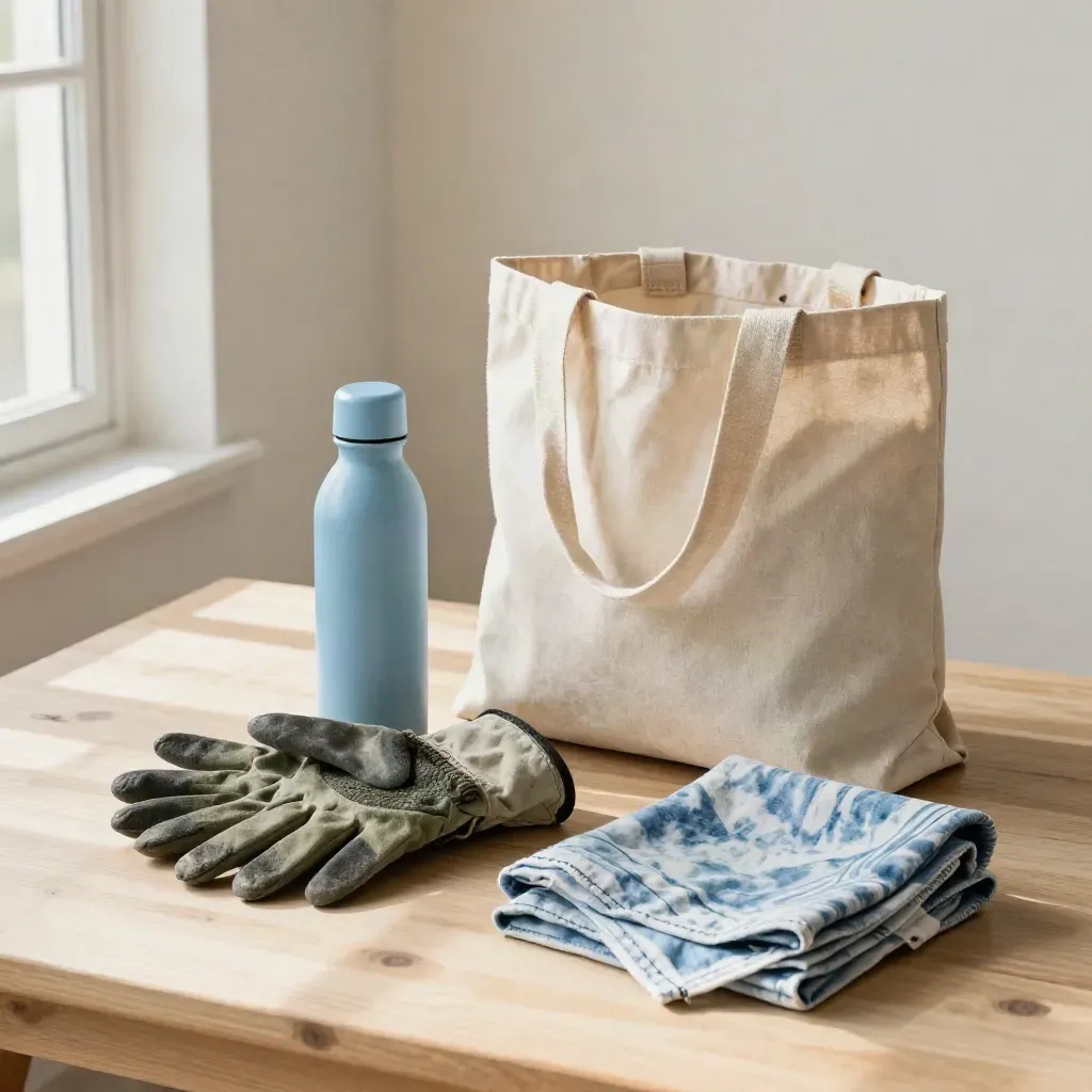 Volunteer kit with gloves, tote, bottle and bandana on pale wood in soft morning light